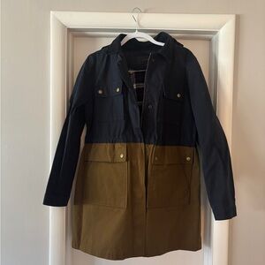 J Crew Two-Tone Hooded Raincoat in Navy and Olive